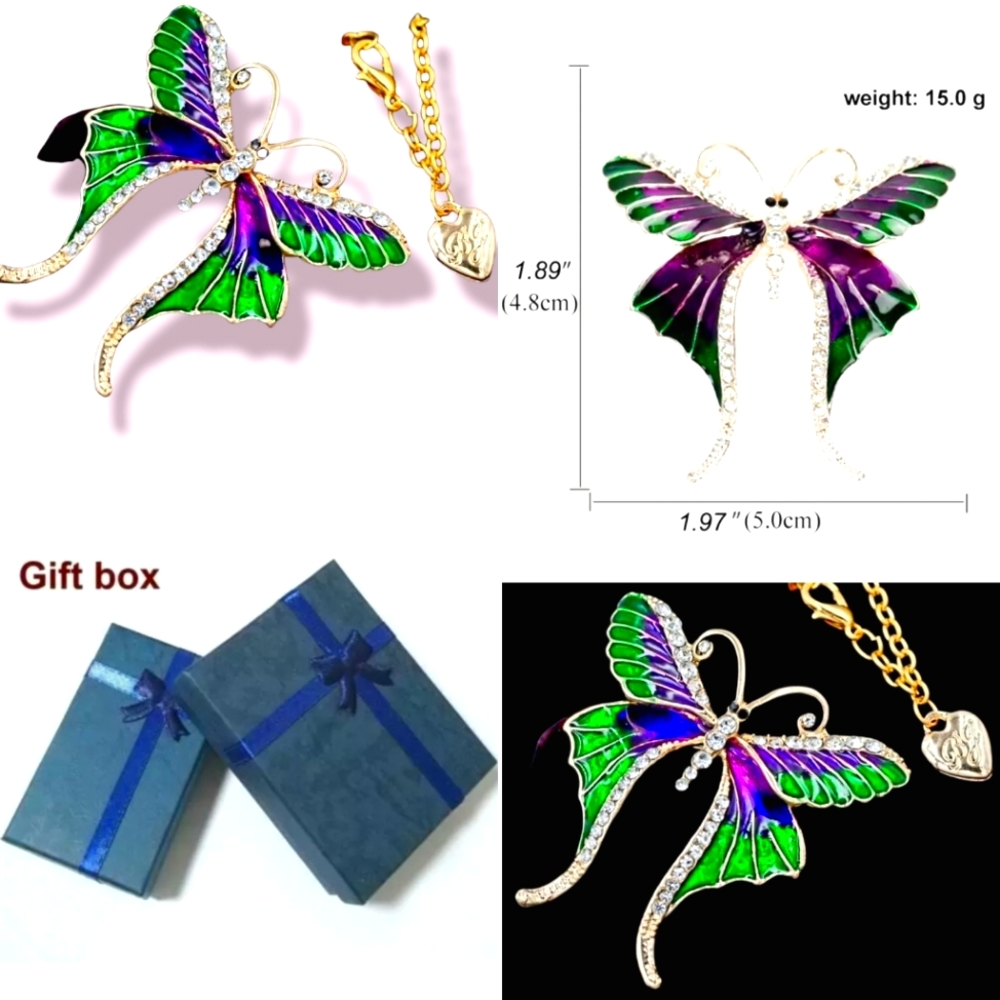 18K gold plated purple green white crystal butterfly necklace/brooch